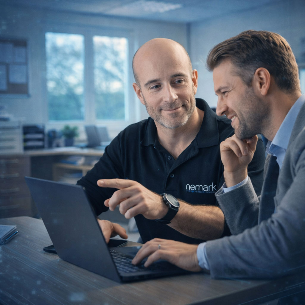 IT support engineer explaining managed IT support process to a business client using a laptop in an office
