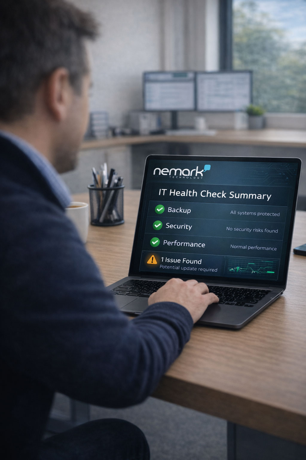 Business owner reviewing a Nemark IT health check dashboard remotely on laptop in a Doncaster office