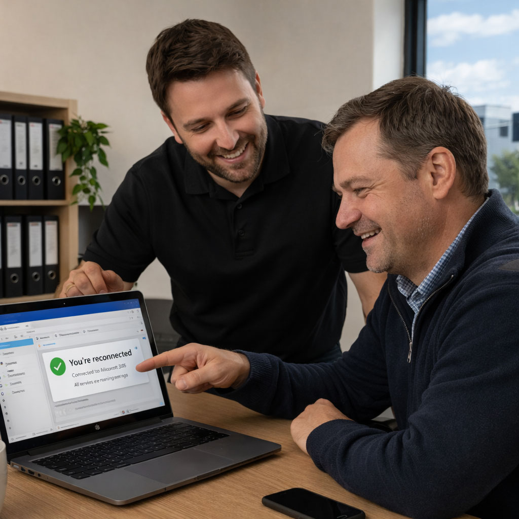 IT support engineer helping a Doncaster business user resolve Microsoft 365 email issue in office