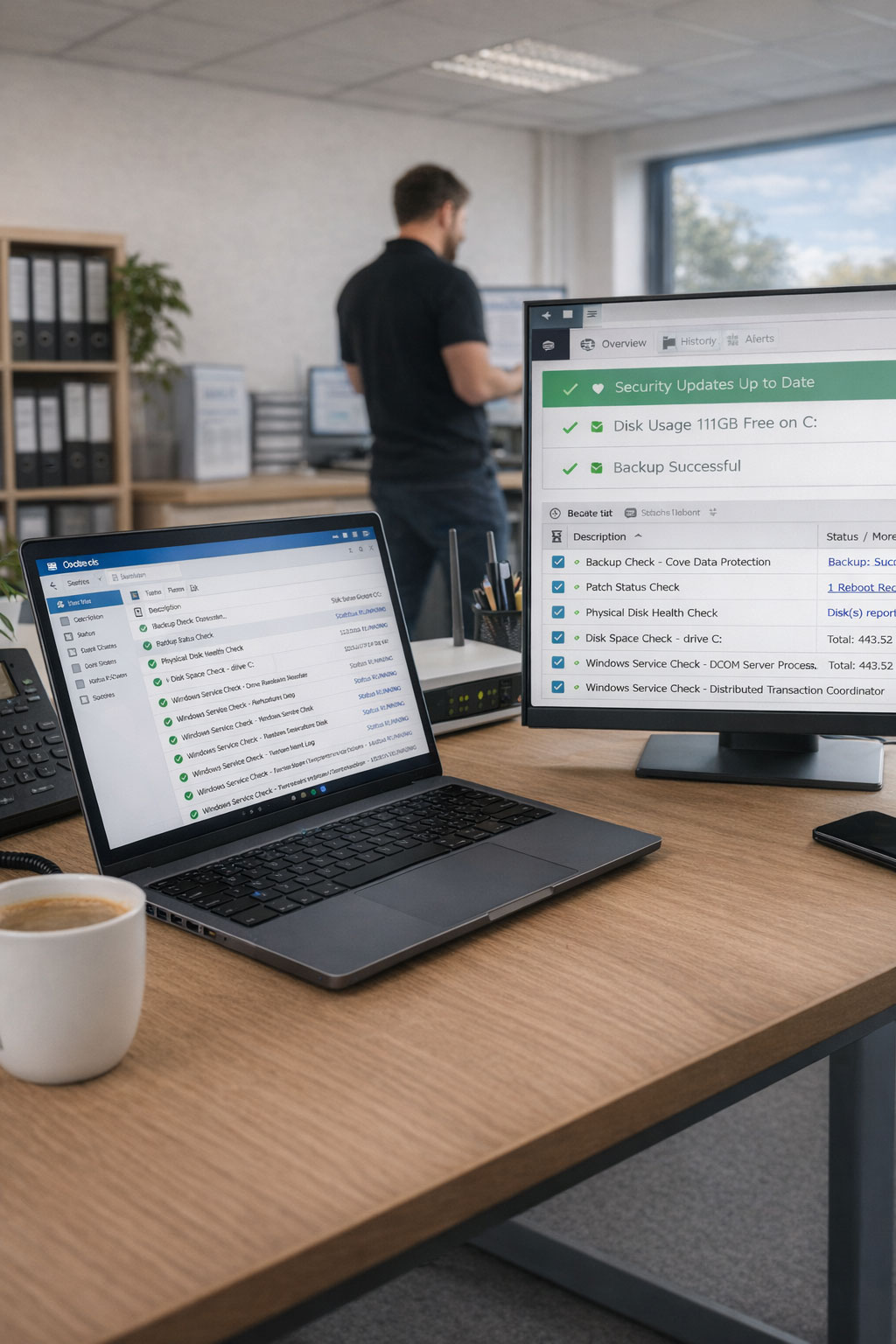 Managed IT support services in Doncaster showing system monitoring, backup checks and security status on business devices