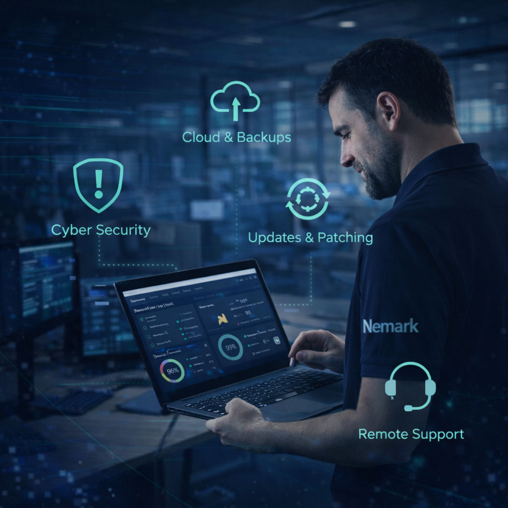 Managed IT support services including system monitoring, cyber security, cloud backups and remote support in a business environment