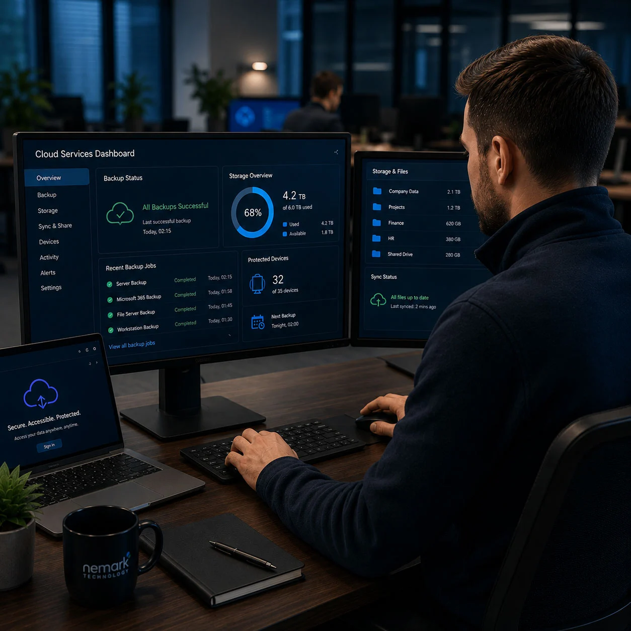 Cloud services and business backup dashboard showing secure cloud storage and backup monitoring