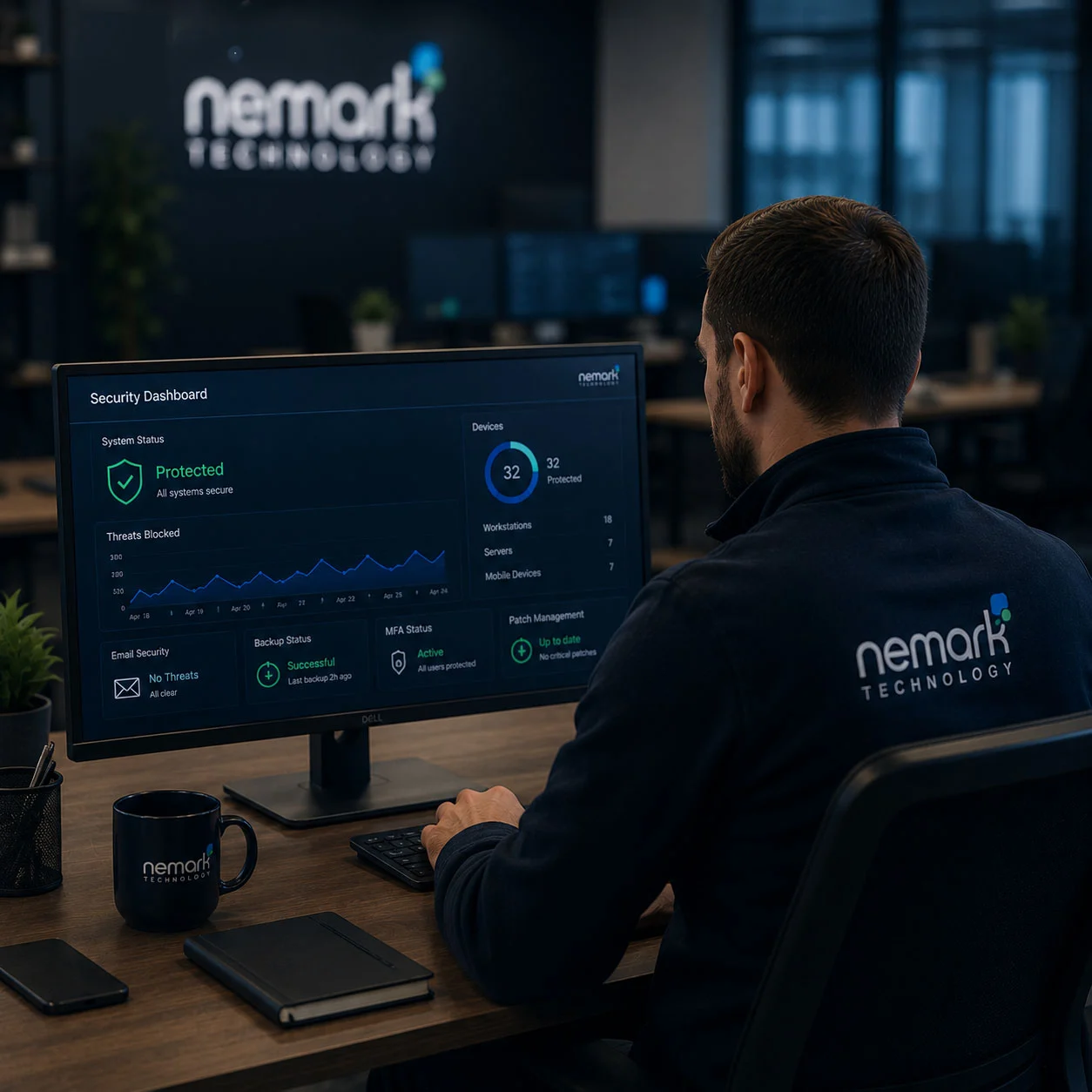 Cyber security monitoring dashboard showing proactive business security protection and threat management