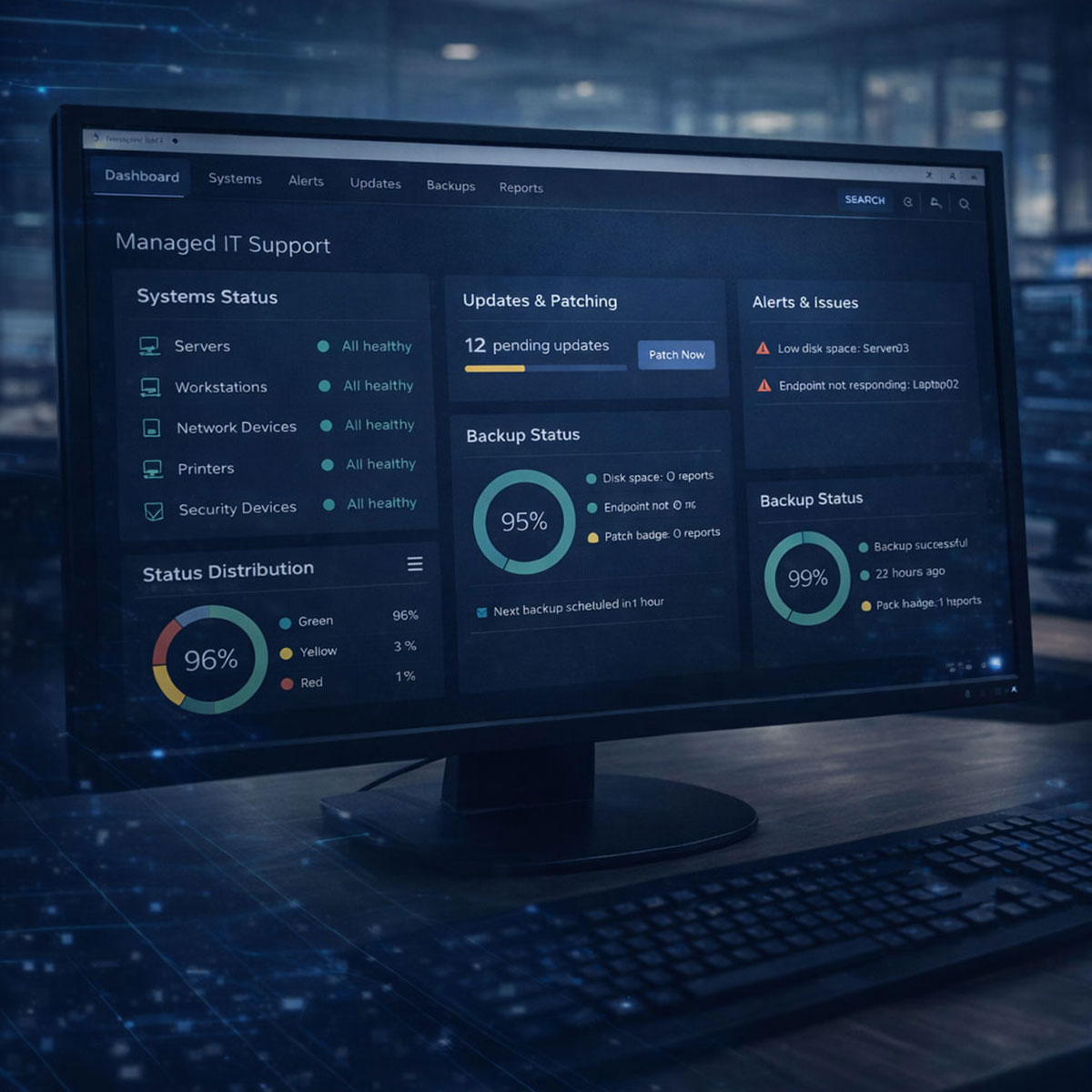 Proactive managed IT support dashboard showing system monitoring, updates and backup management