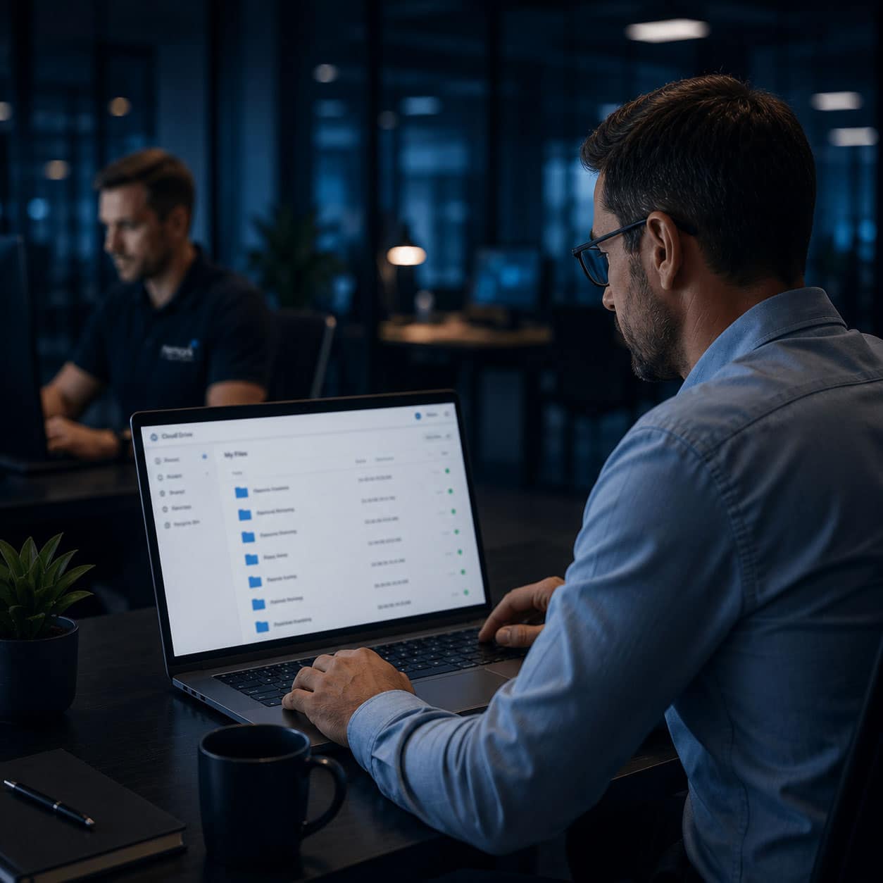 Business professional securely accessing cloud data storage solutions for collaboration and remote working