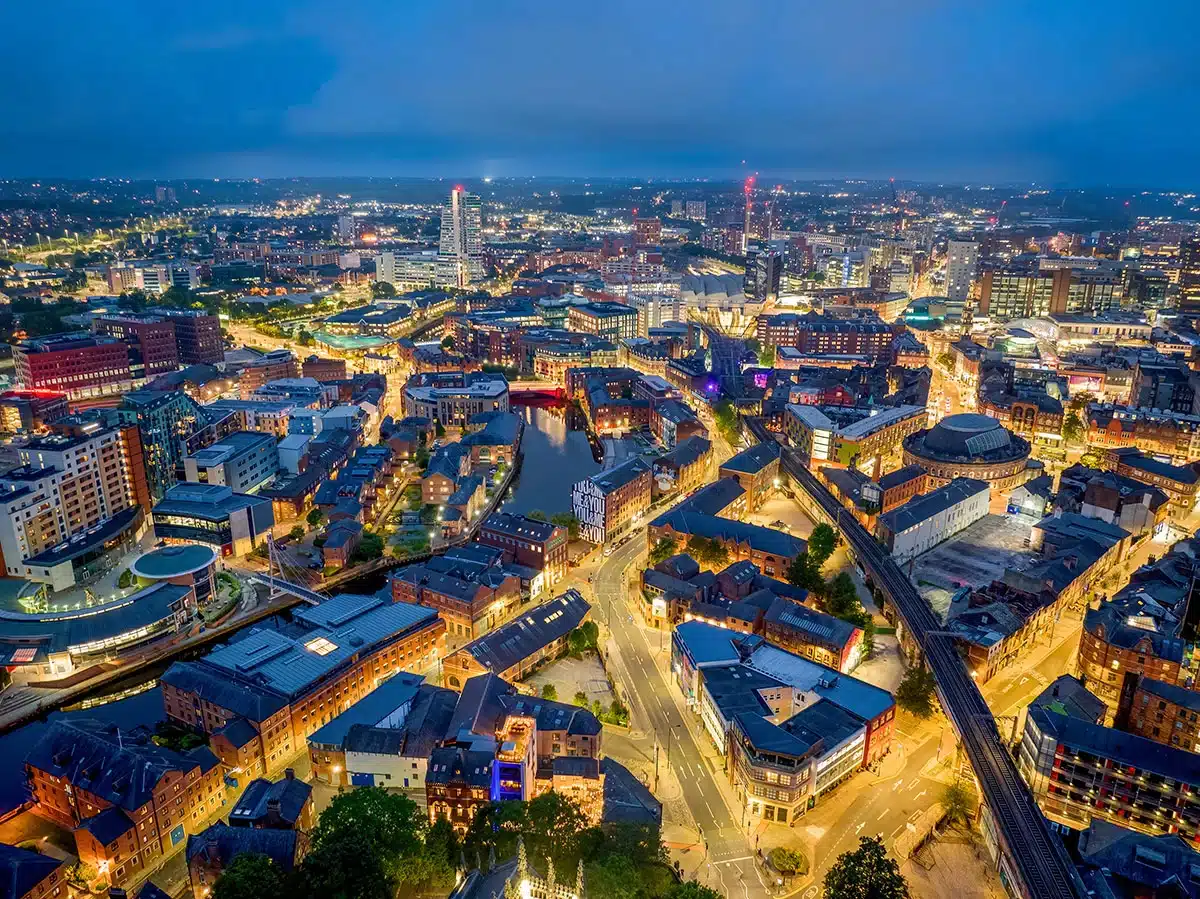 Aerial view of Leeds city centre representing business IT support across Leeds and West Yorkshire.
