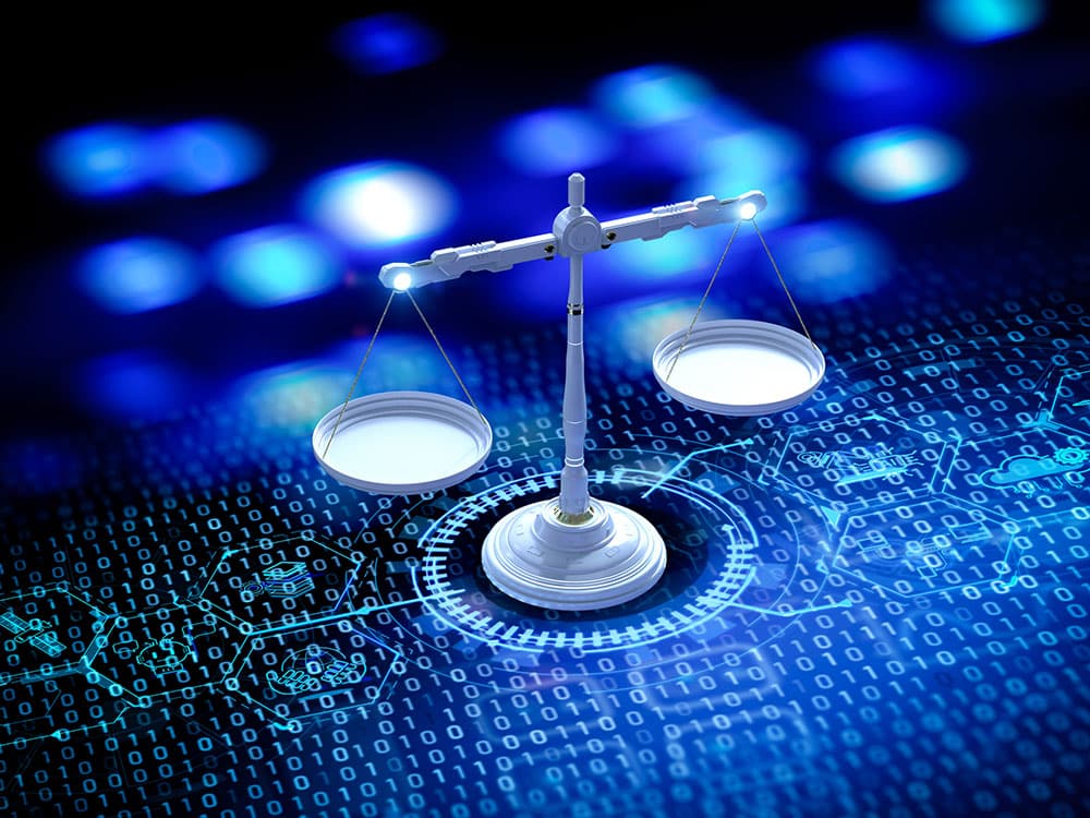 Digital scales of justice representing secure managed IT support for solicitors and legal practices in Leeds.