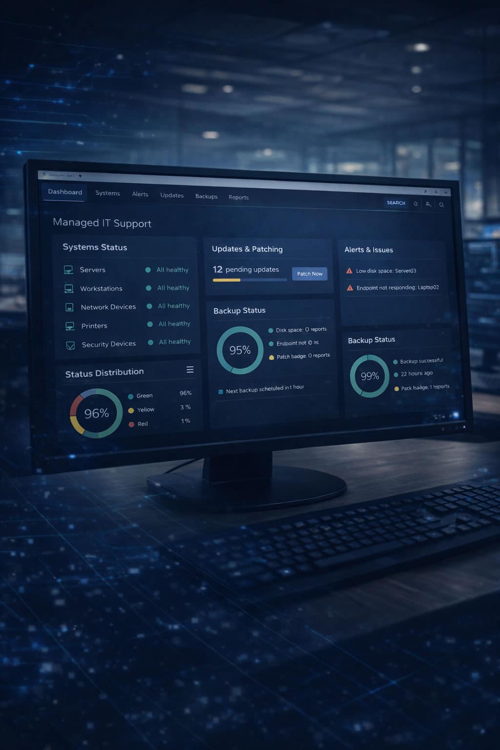 Managed IT support dashboard showing proactive monitoring, system health, software updates and backup status for a business in Leeds.