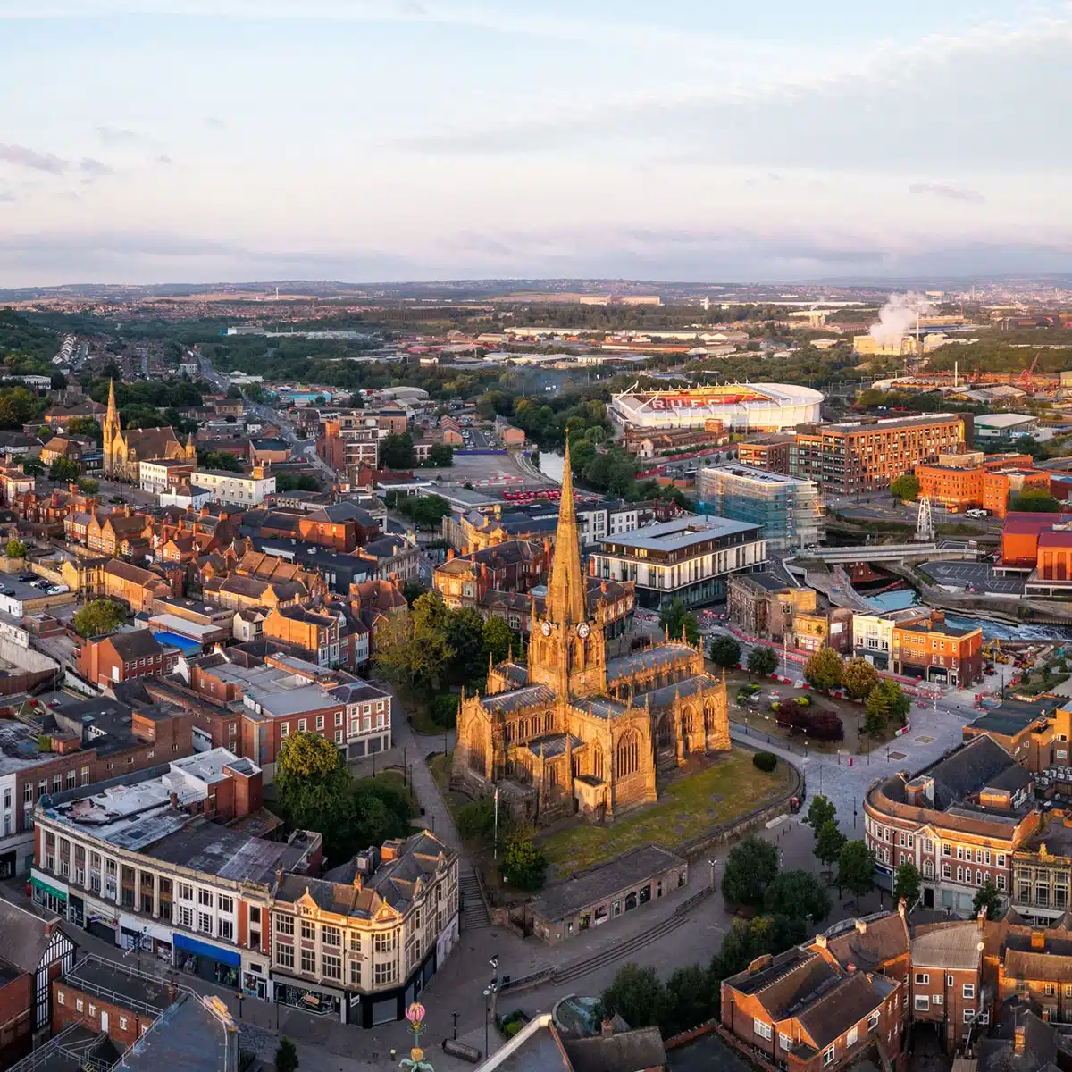 Aerial view of Rotherham town centre representing business IT support across Rotherham and South Yorkshire.